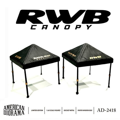 Two black canopies with 'RWB' branding on a white background, featuring American Diorama logo.