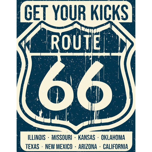 Vintage-style Route 66 sign with 'Get Your Kicks' text on a blue background