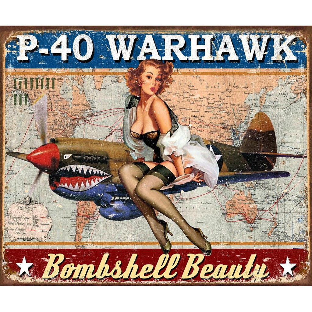 Vintage-style poster with a woman on a P-40 Warhawk airplane, labeled 'P-40 Warhawk Bombshell Beauty'.