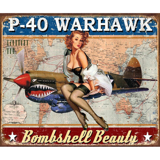 Vintage-style poster with a woman on a P-40 Warhawk airplane, labeled 'P-40 Warhawk Bombshell Beauty'.
