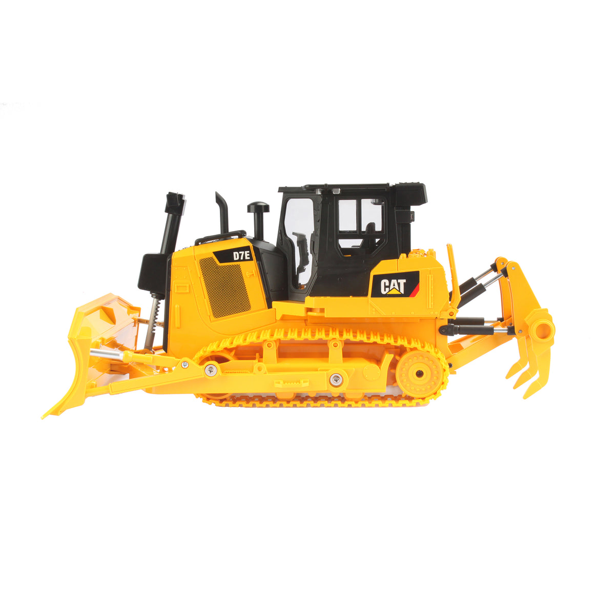 Remote Controlled Model of a CAT Yellow & Black Caterpillar D7E Track Type Dozer with Rear Ripper on a White Background