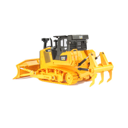 Remote Controlled Model of a CAT Yellow & Black Caterpillar D7E Track Type Dozer with Rear Ripper on a White Background