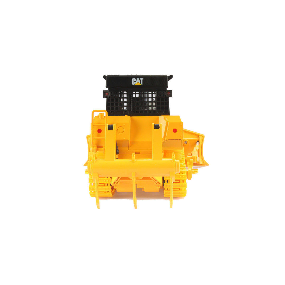 Remote Controlled Model of a CAT Yellow & Black Caterpillar D7E Track Type Dozer with Rear Ripper on a White Background