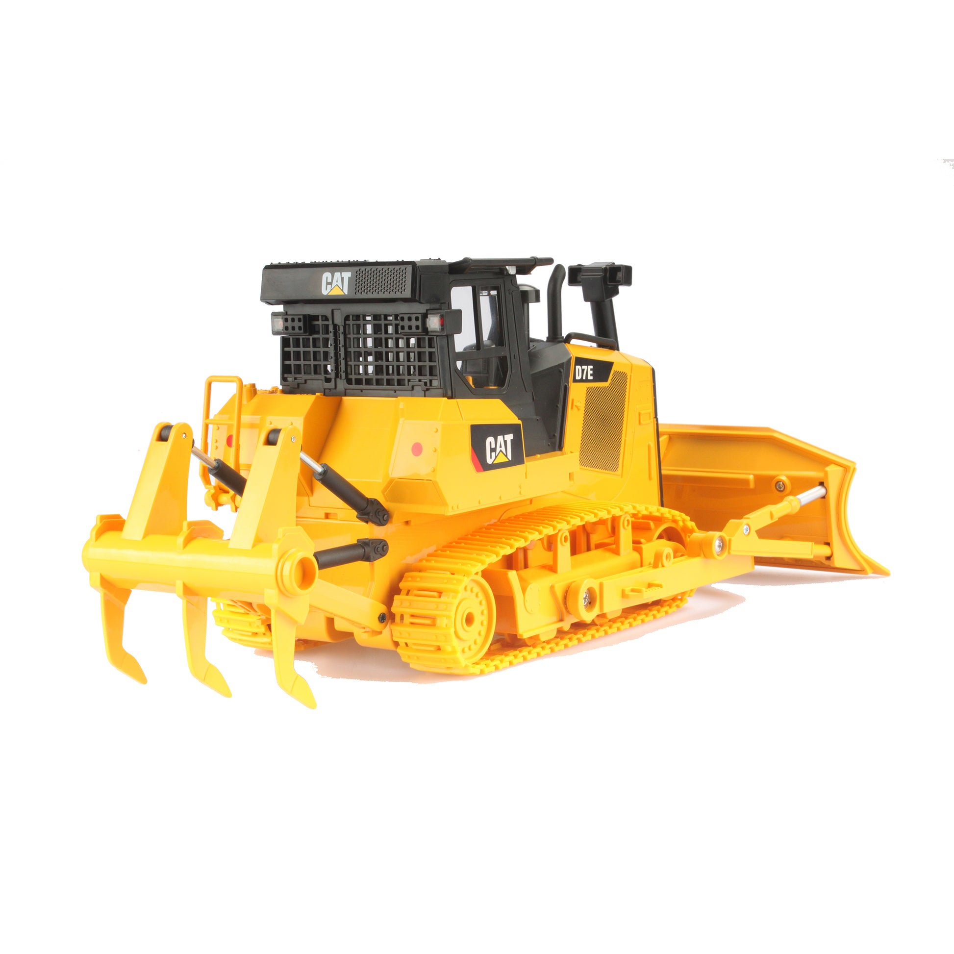 Remote Controlled Model of a CAT Yellow & Black Caterpillar D7E Track Type Dozer with Rear Ripper on a White Background