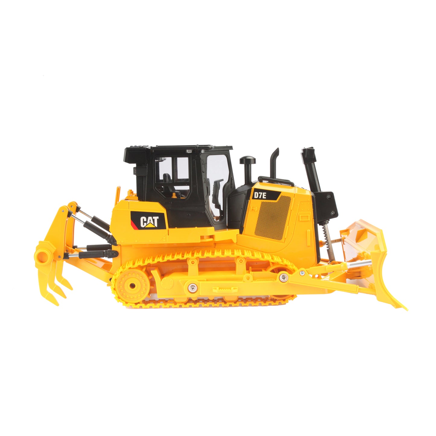 Remote Controlled Model of a CAT Yellow & Black Caterpillar D7E Track Type Dozer with Rear Ripper on a White Background