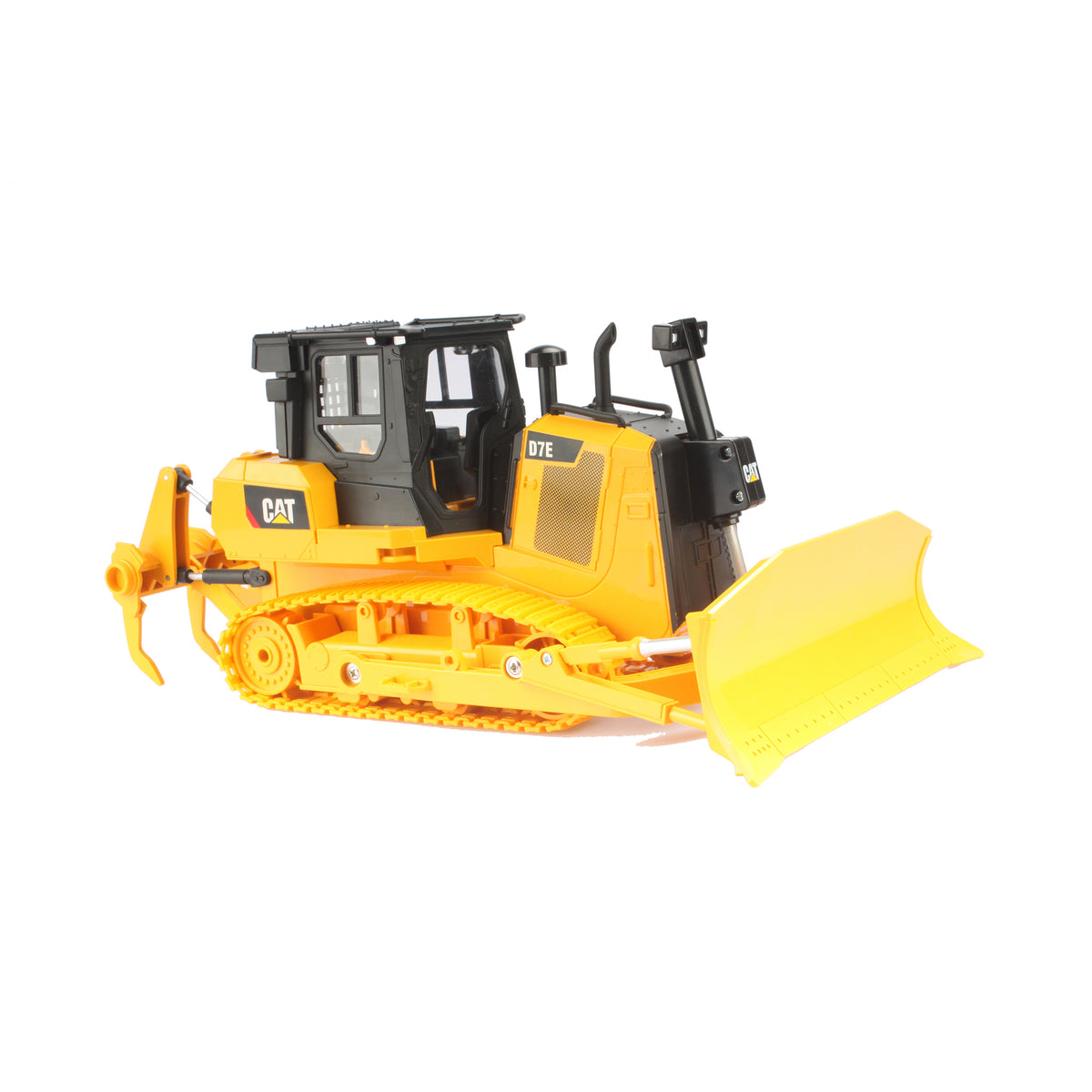 Remote Controlled Model of a CAT Yellow & Black Caterpillar D7E Track Type Dozer with Rear Ripper on a White Background