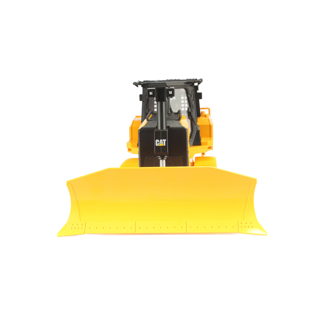 Remote Controlled Model of a CAT Yellow & Black Caterpillar D7E Track Type Dozer with Rear Ripper on a White Background