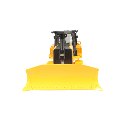 Remote Controlled Model of a CAT Yellow & Black Caterpillar D7E Track Type Dozer with Rear Ripper on a White Background