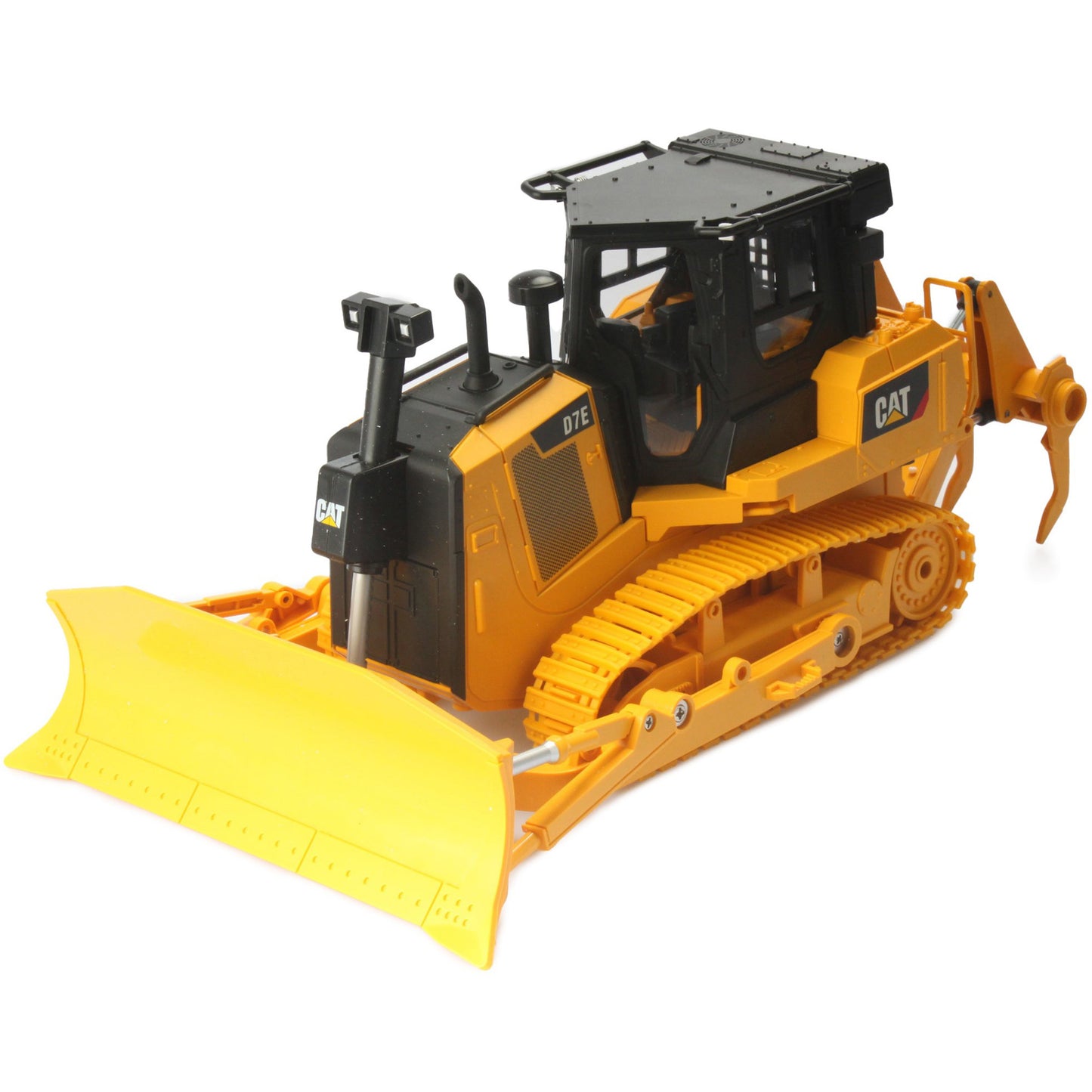 Remote Controlled Model of a CAT Yellow & Black Caterpillar D7E Track Type Dozer with Rear Ripper on a White Background