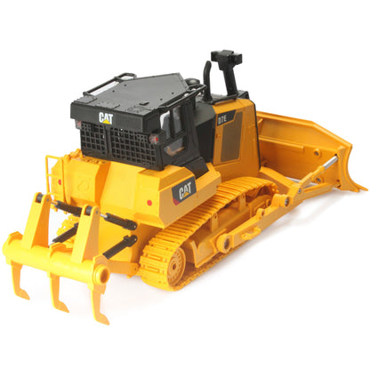 Remote Controlled Model of a CAT Yellow & Black Caterpillar D7E Track Type Dozer with Rear Ripper on a White Background