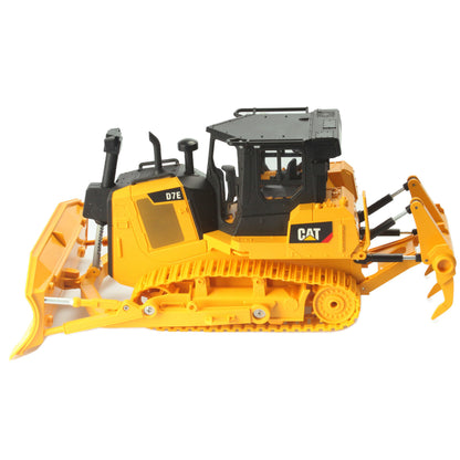 Remote Controlled Model of a CAT Yellow & Black Caterpillar D7E Track Type Dozer with Rear Ripper on a White Background