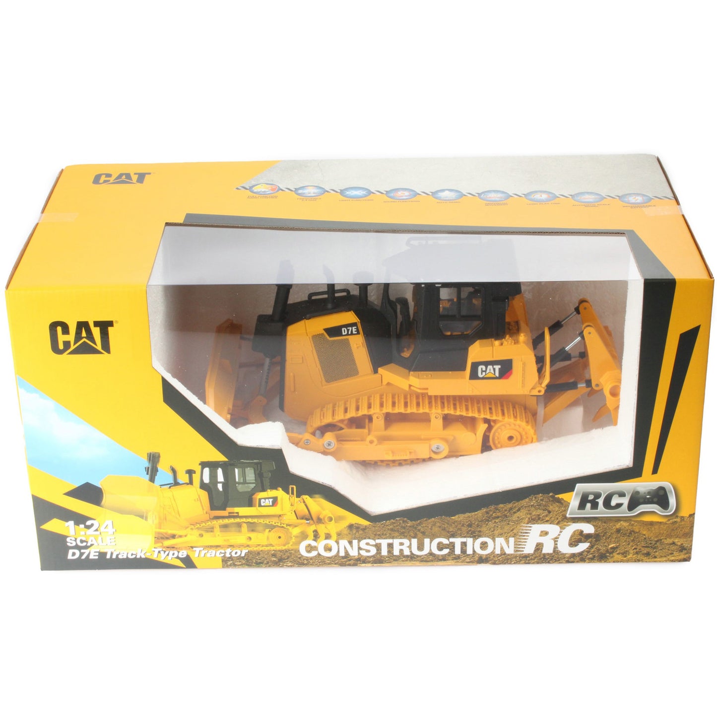 Remote Controlled Model of a CAT Yellow & Black Caterpillar D7E Track Type Dozer with Rear Ripper in Colorful CAT Branded Window Box Packaging on a White Background