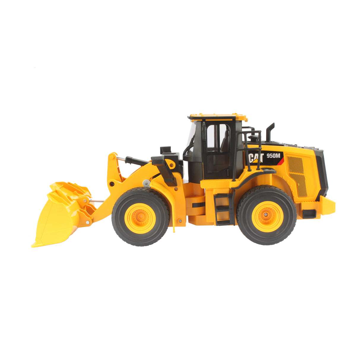 Radio controlled model of a CAT yellow & black Caterpillar 950M wheel loader on a white background