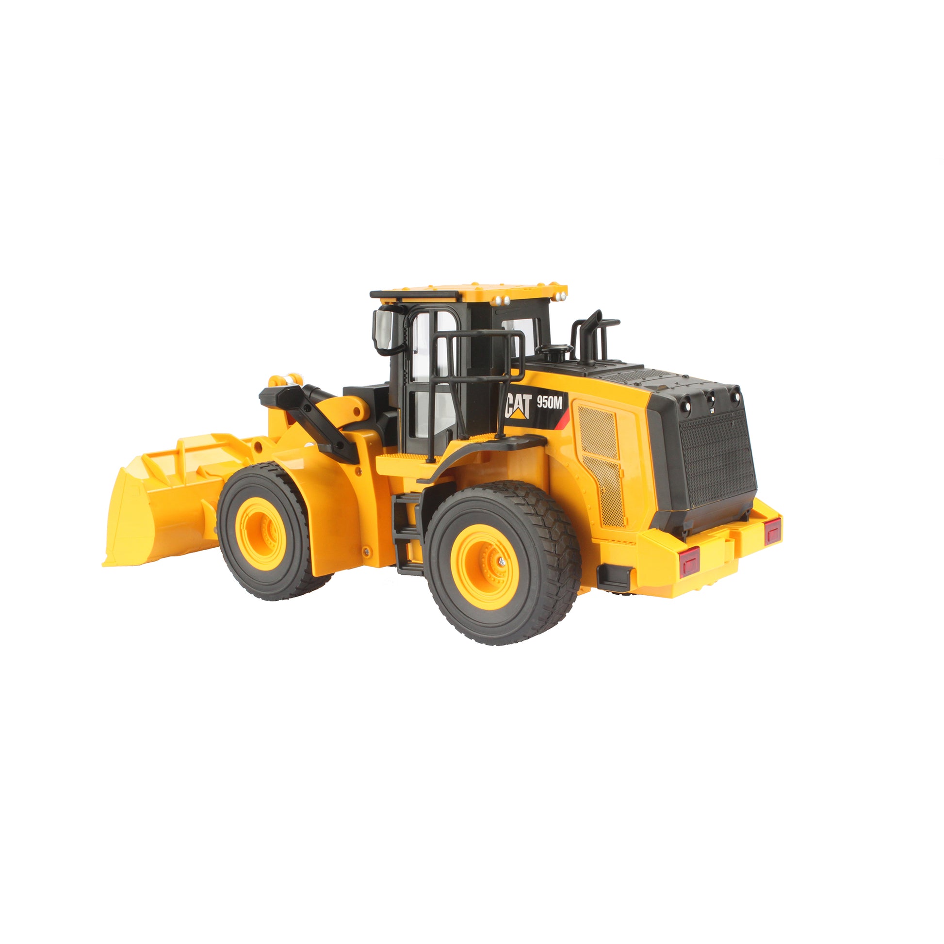 Radio controlled model of a CAT yellow & black Caterpillar 950M wheel loader on a white background