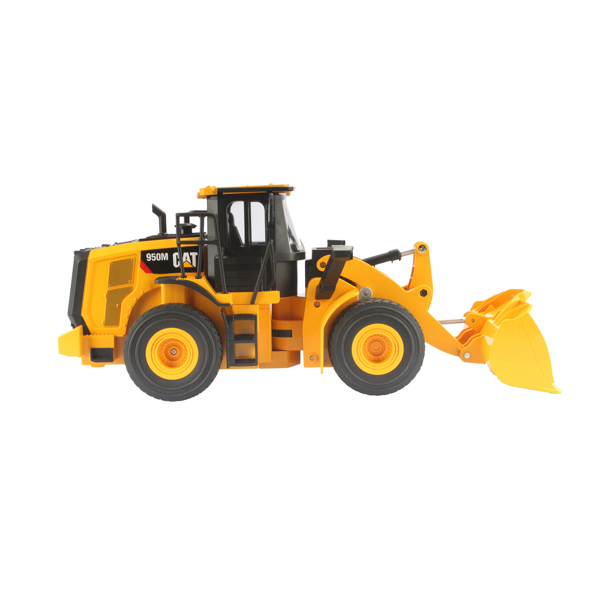 Radio controlled model of a CAT yellow & black Caterpillar 950M wheel loader on a white background