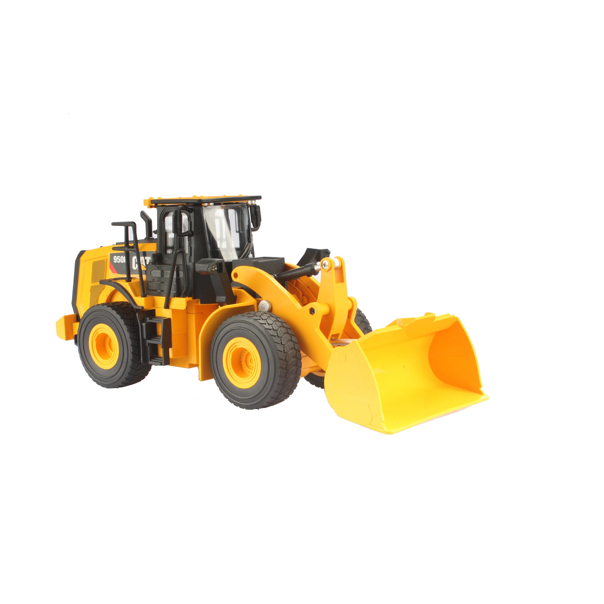 Radio controlled model of a CAT yellow & black Caterpillar 950M wheel loader on a white background