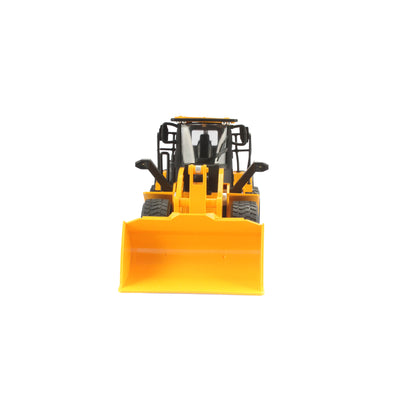 Radio controlled model of a CAT yellow & black Caterpillar 950M wheel loader on a white background