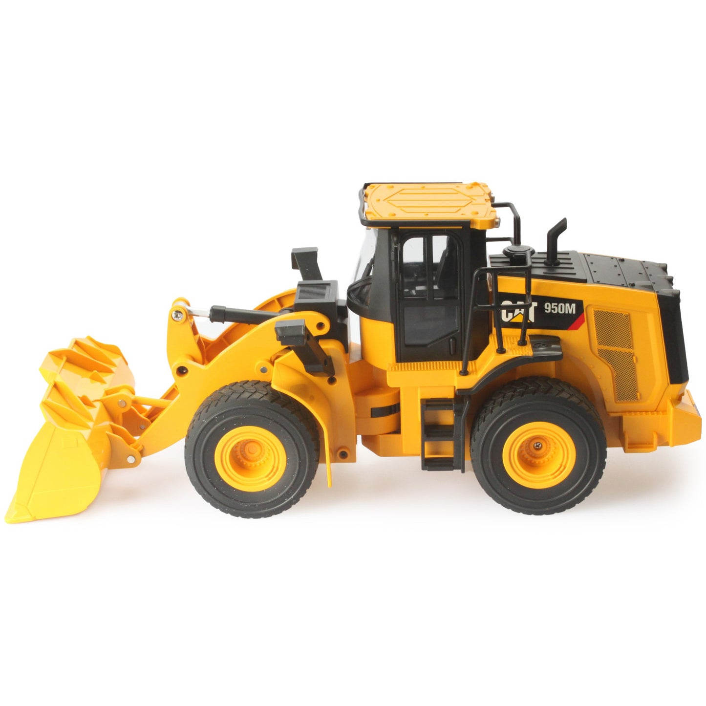 Radio controlled model of a CAT yellow & black Caterpillar 950M wheel loader on a white background