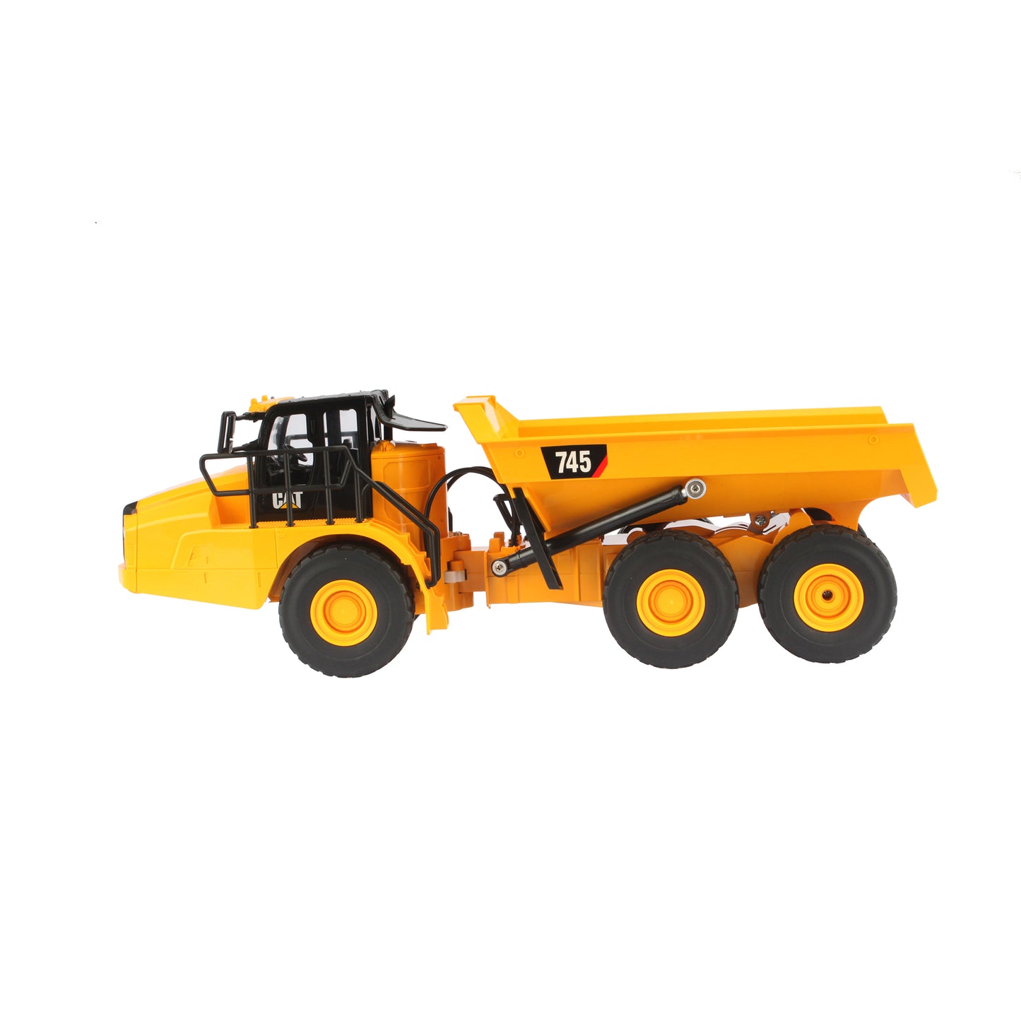 Remote Controlled Model of a CAT Yellow and Black Caterpillar 745 Articulated Dump Truck on a White Background