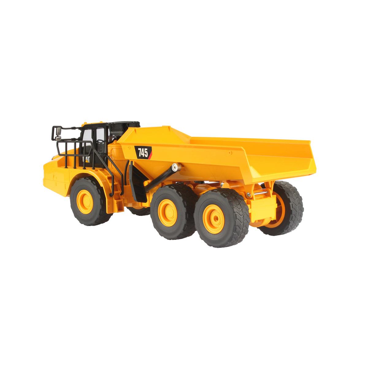 Remote Controlled Model of a CAT Yellow and Black Caterpillar 745 Articulated Dump Truck on a White Background