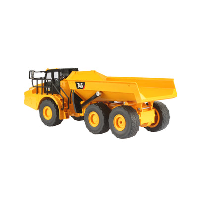 Remote Controlled Model of a CAT Yellow and Black Caterpillar 745 Articulated Dump Truck on a White Background