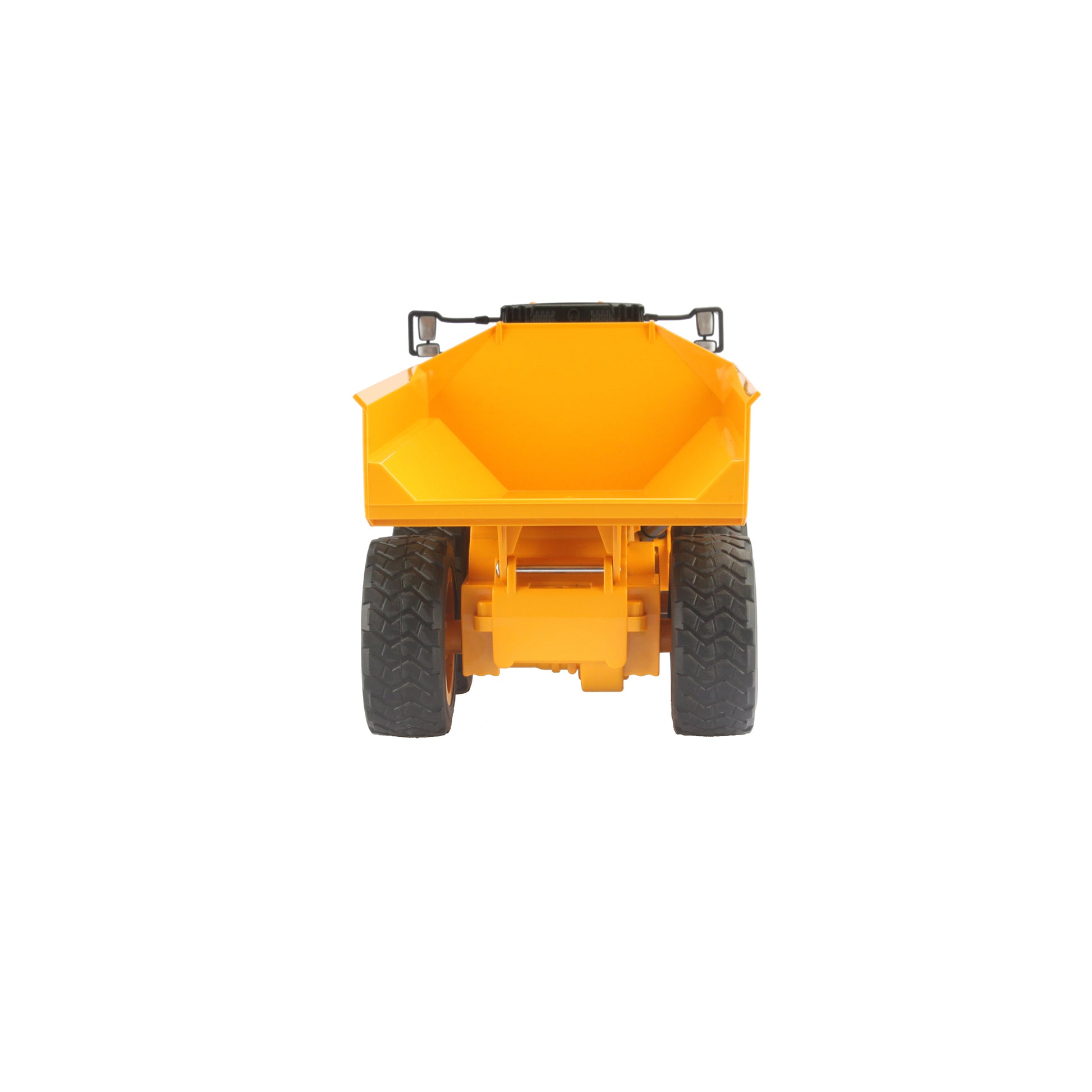 Remote Controlled Model of a CAT Yellow and Black Caterpillar 745 Articulated Dump Truck on a White Background