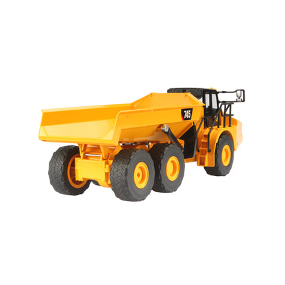 Remote Controlled Model of a CAT Yellow and Black Caterpillar 745 Articulated Dump Truck on a White Background