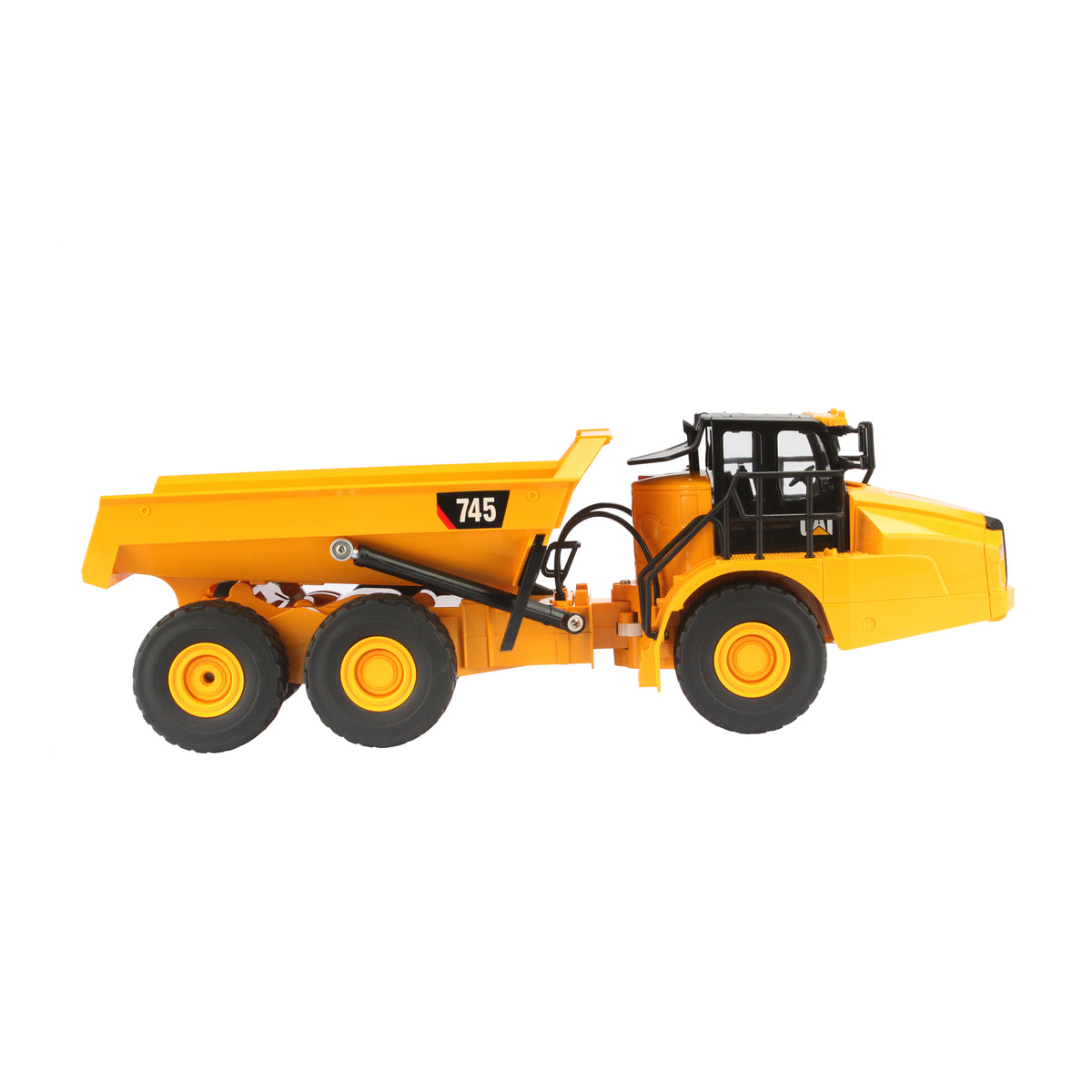 Remote Controlled Model of a CAT Yellow and Black Caterpillar 745 Articulated Dump Truck on a White Background