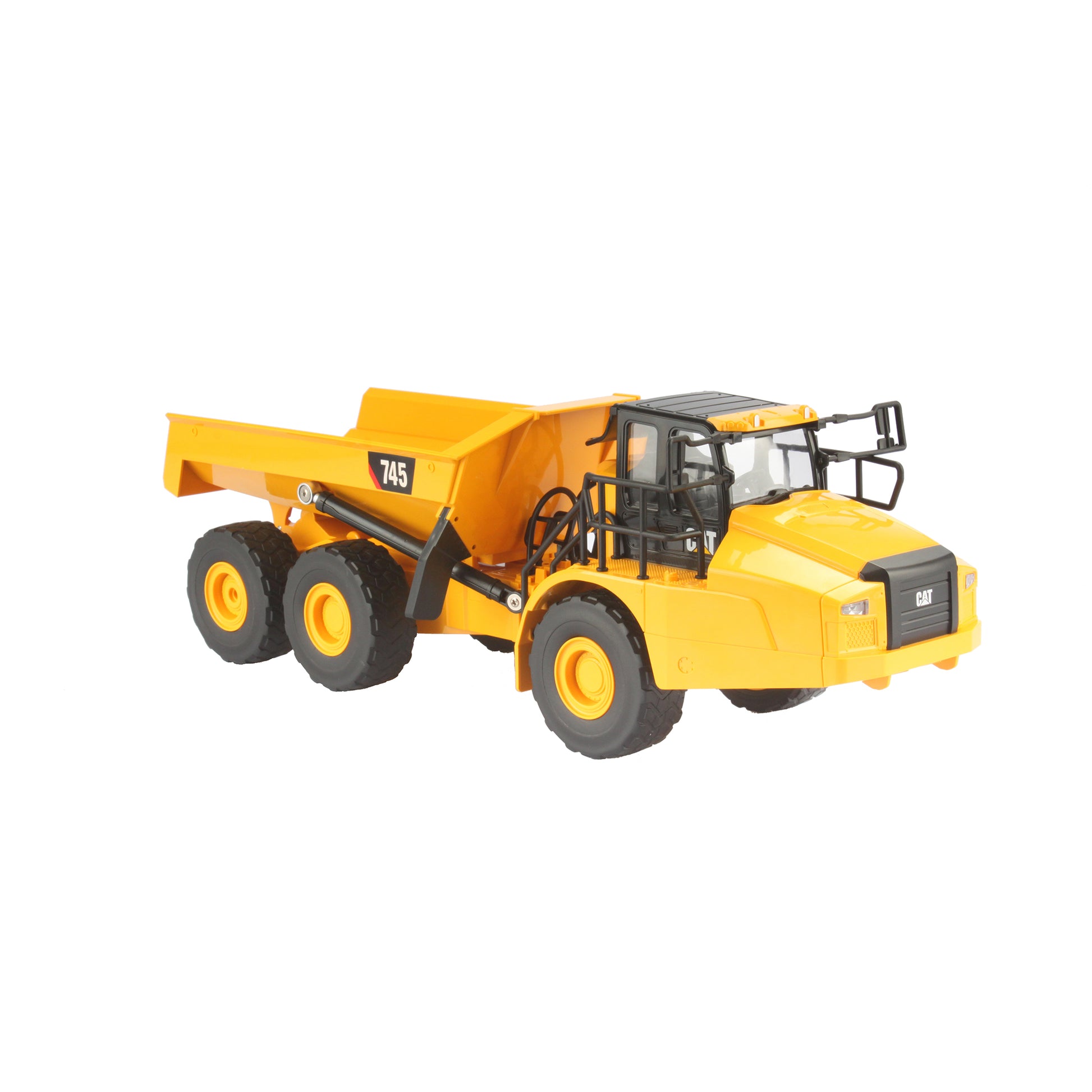Remote Controlled Model of a CAT Yellow and Black Caterpillar 745 Articulated Dump Truck on a White Background