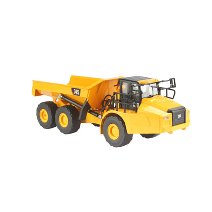 Remote Controlled Model of a CAT Yellow and Black Caterpillar 745 Articulated Dump Truck on a White Background