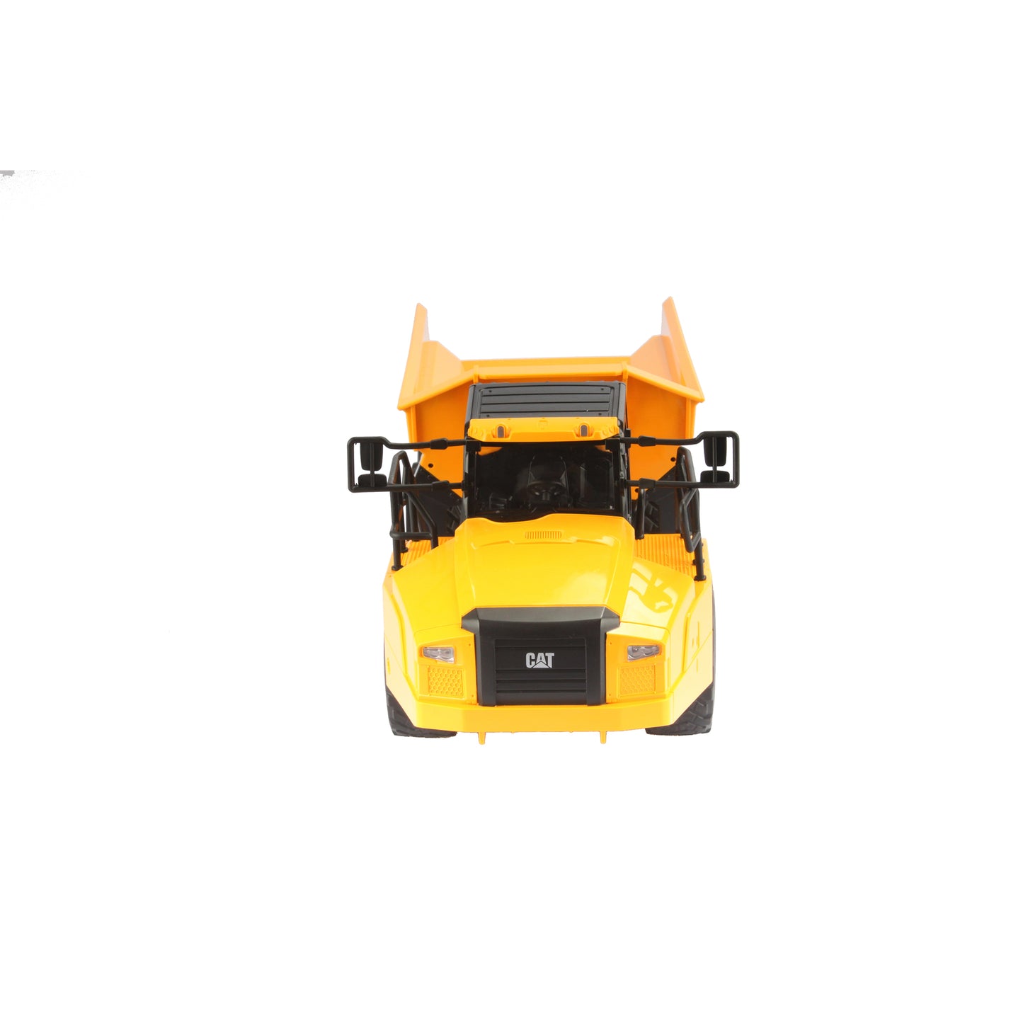 Remote Controlled Model of a CAT Yellow and Black Caterpillar 745 Articulated Dump Truck on a White Background