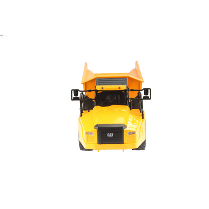 Remote Controlled Model of a CAT Yellow and Black Caterpillar 745 Articulated Dump Truck on a White Background