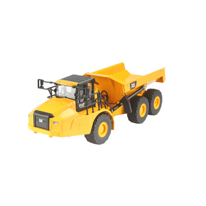 Remote Controlled Model of a CAT Yellow and Black Caterpillar 745 Articulated Dump Truck on a White Background