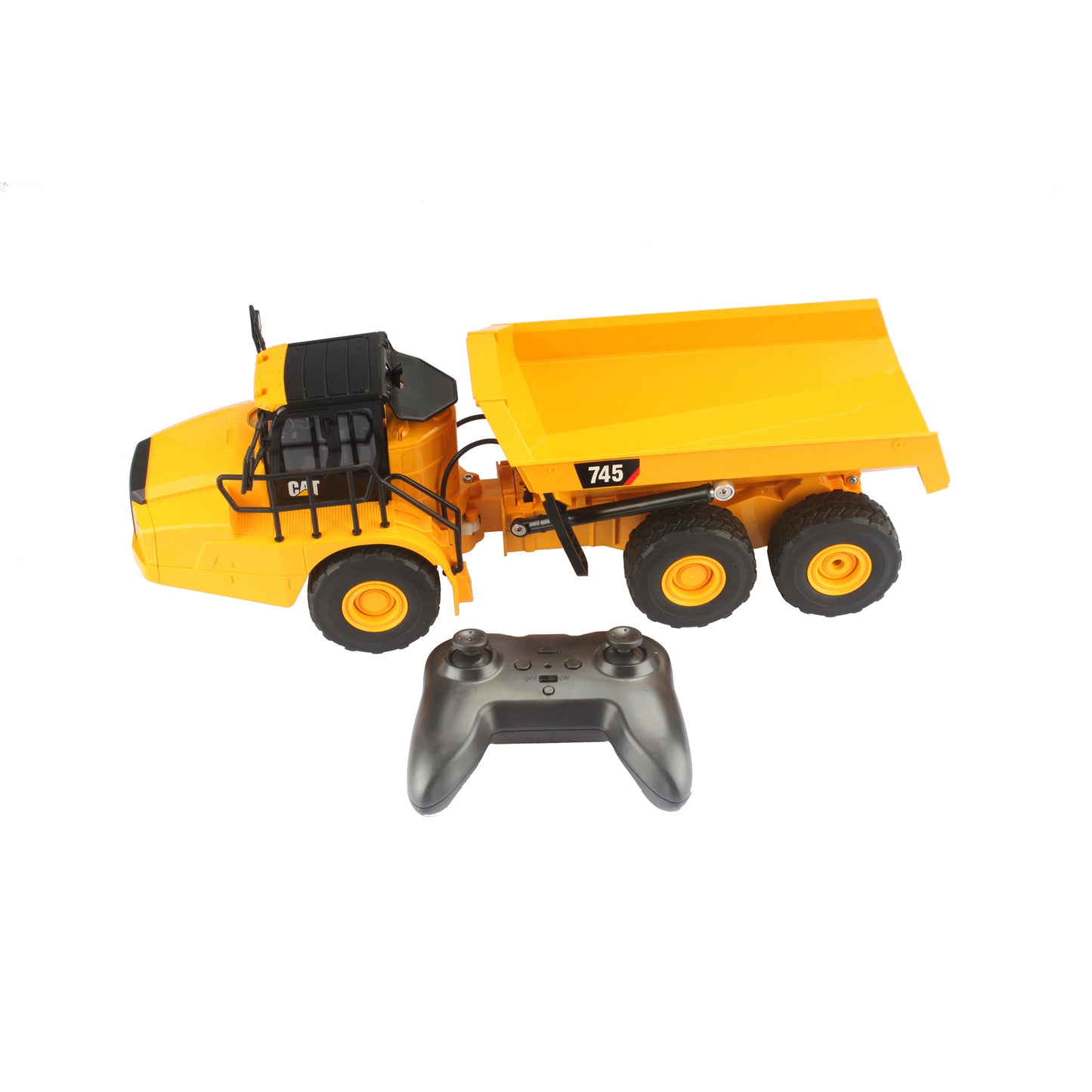 Remote Controlled Model of a CAT Yellow and Black Caterpillar 745 Articulated Dump Truck with Controller on a White Background