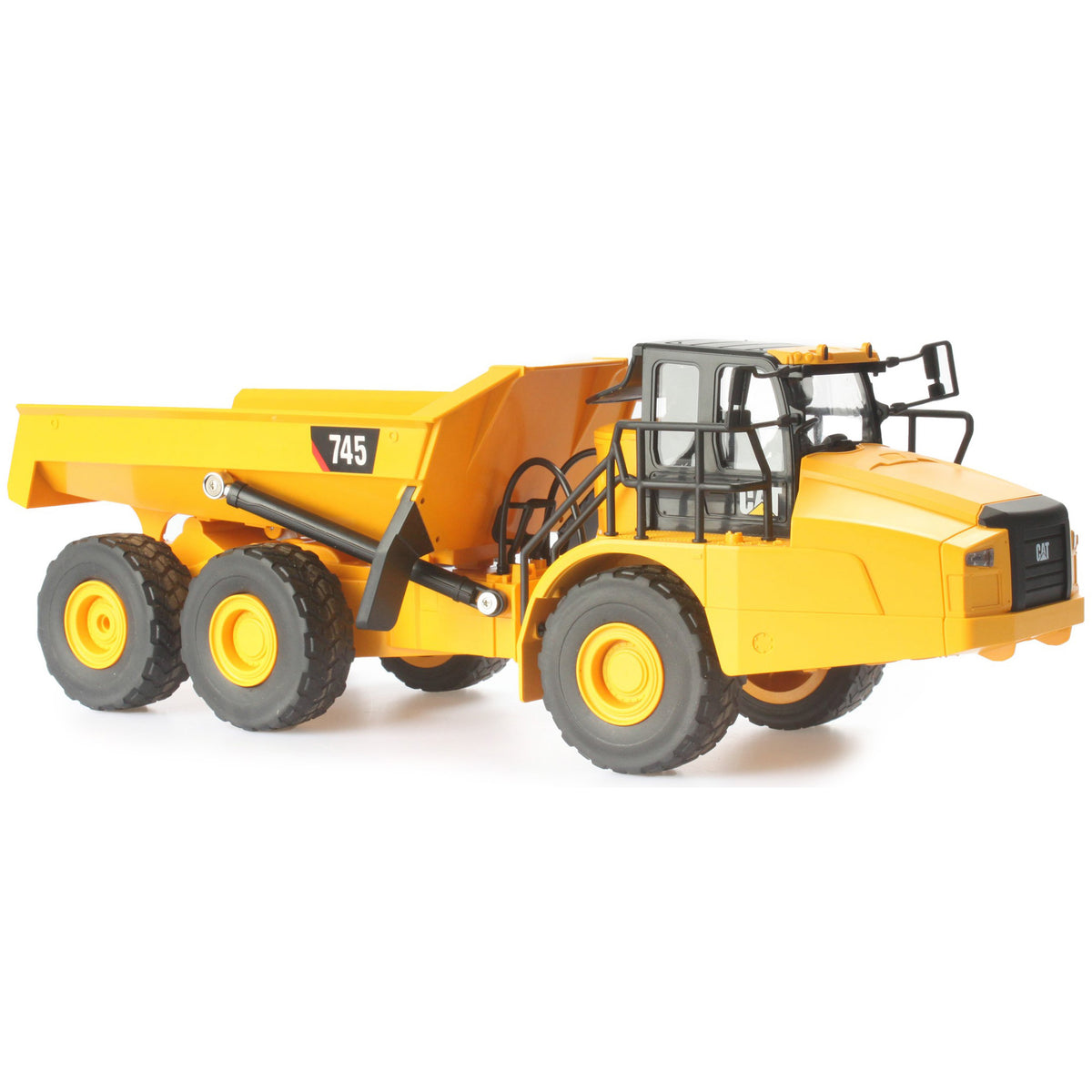Remote Controlled Model of a CAT Yellow and Black Caterpillar 745 Articulated Dump Truck on a White Background