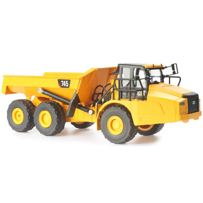 Remote Controlled Model of a CAT Yellow and Black Caterpillar 745 Articulated Dump Truck on a White Background