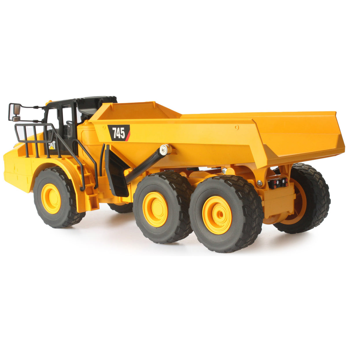 Remote Controlled Model of a CAT Yellow and Black Caterpillar 745 Articulated Dump Truck on a White Background
