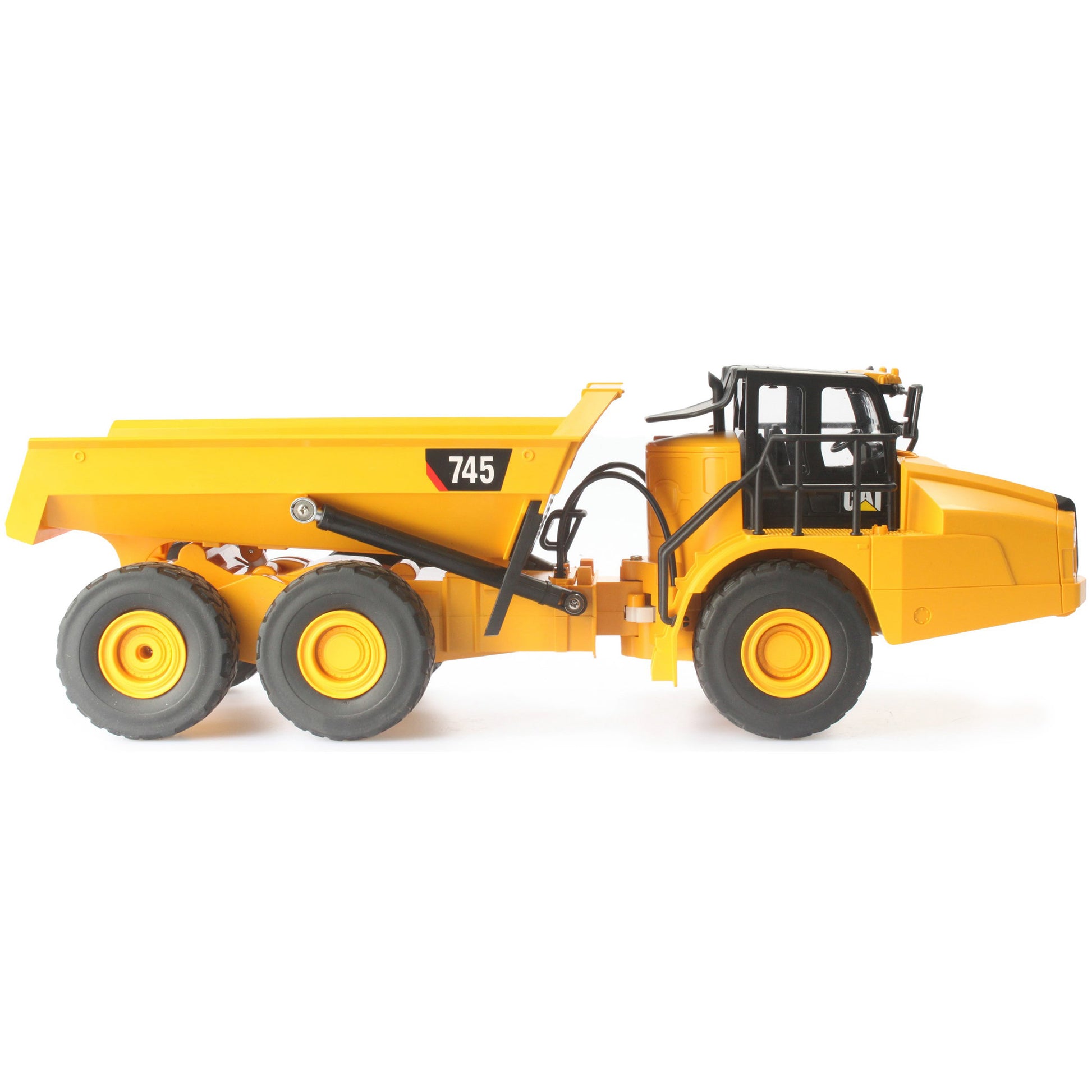 Remote Controlled Model of a CAT Yellow and Black Caterpillar 745 Articulated Dump Truck on a White Background