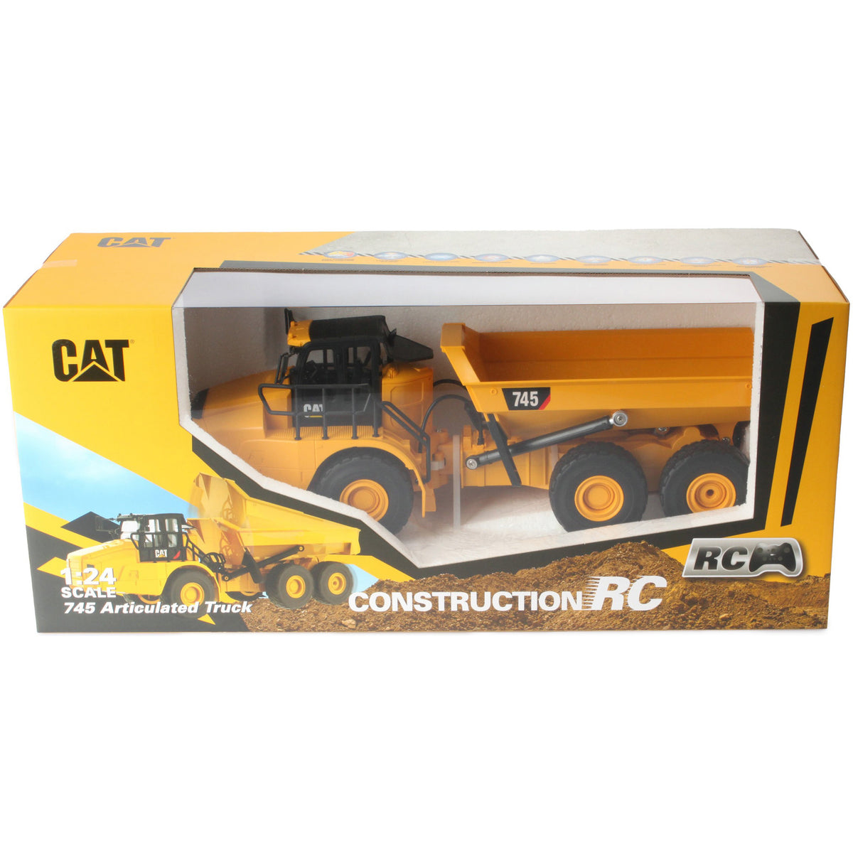 Remote Controlled Model of a CAT Yellow and Black Caterpillar 745 Articulated Dump Truck in Packaging on a White Background