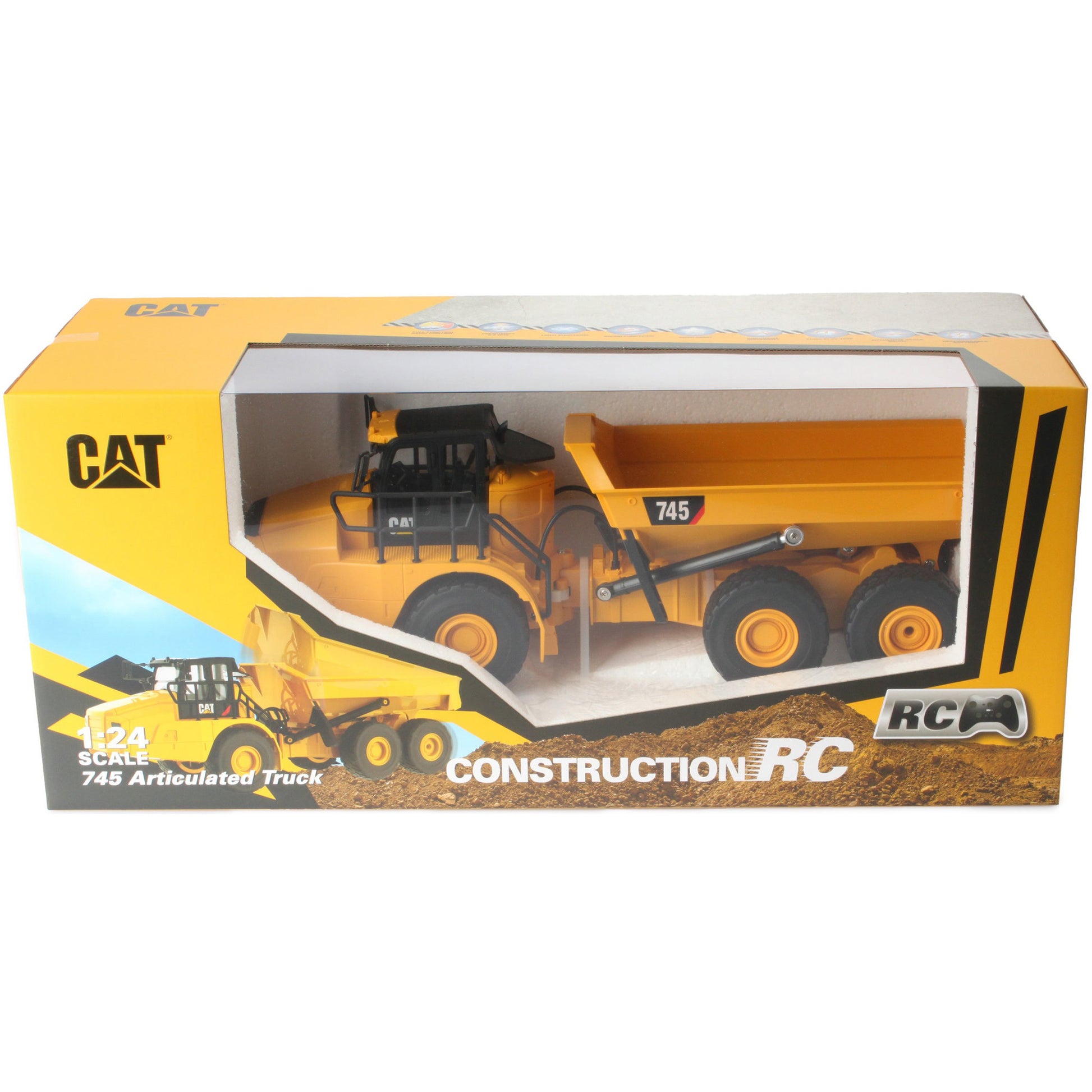 Remote Controlled Model of a CAT Yellow and Black Caterpillar 745 Articulated Dump Truck in Packaging on a White Background