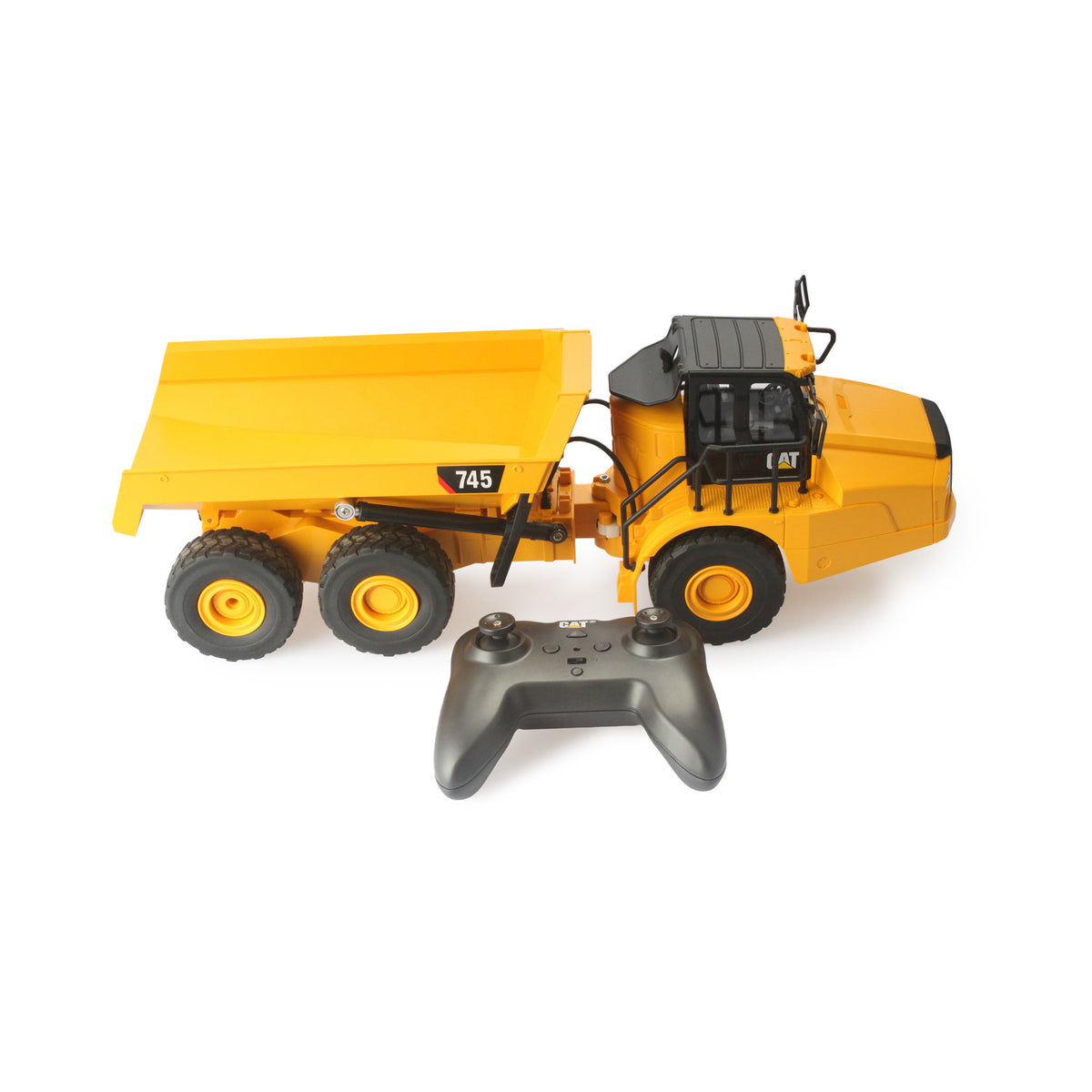 Remote Controlled Model of a CAT Yellow and Black Caterpillar 745 Articulated Dump Truck with Controller on a White Background