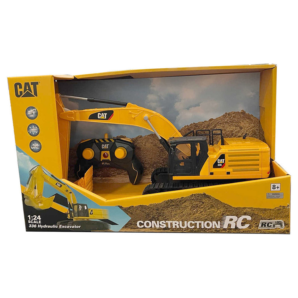Yellow and Black Remote Controlled Toy Caterpillar 336 Excavator in Colorful CAT Branded Packaging on a White Background
