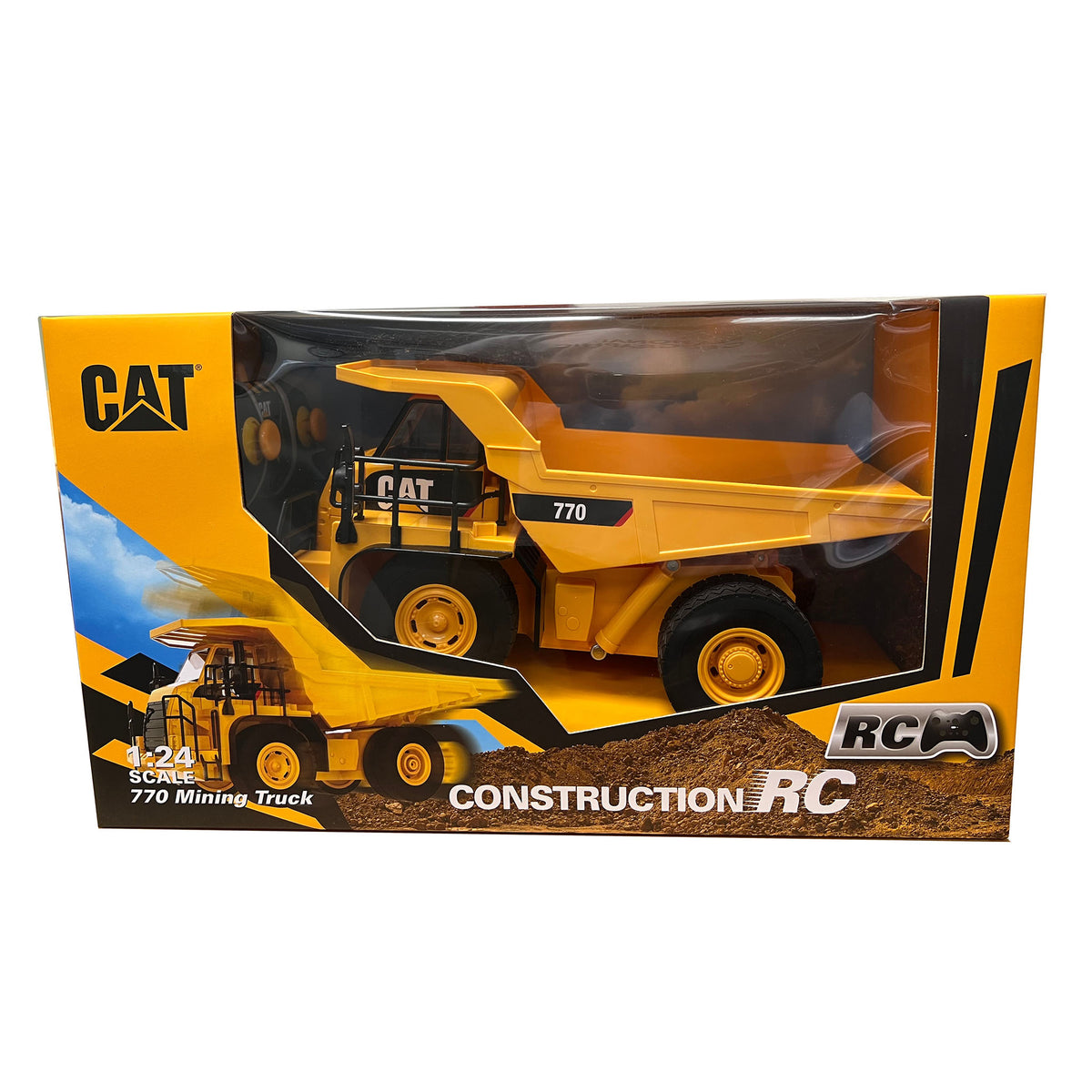 Yellow and Black Remote Controlled Model of a Caterpillar 770 Mining Dump Truck in Colorful CAT Branded Packaging on a White Background