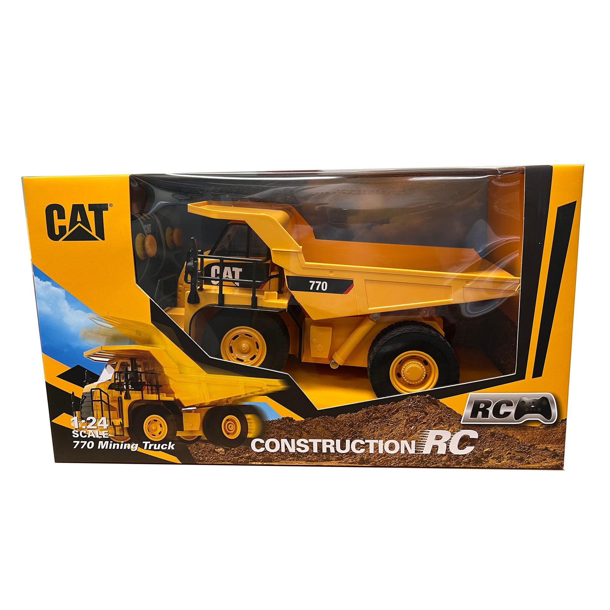 Yellow and Black Remote Controlled Model of a Caterpillar 770 Mining Dump Truck in Colorful CAT Branded Packaging on a White Background