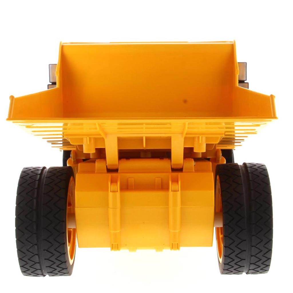 Yellow and Black Remote Controlled Model of a Caterpillar 770 Mining Dump Truck on a White Background
