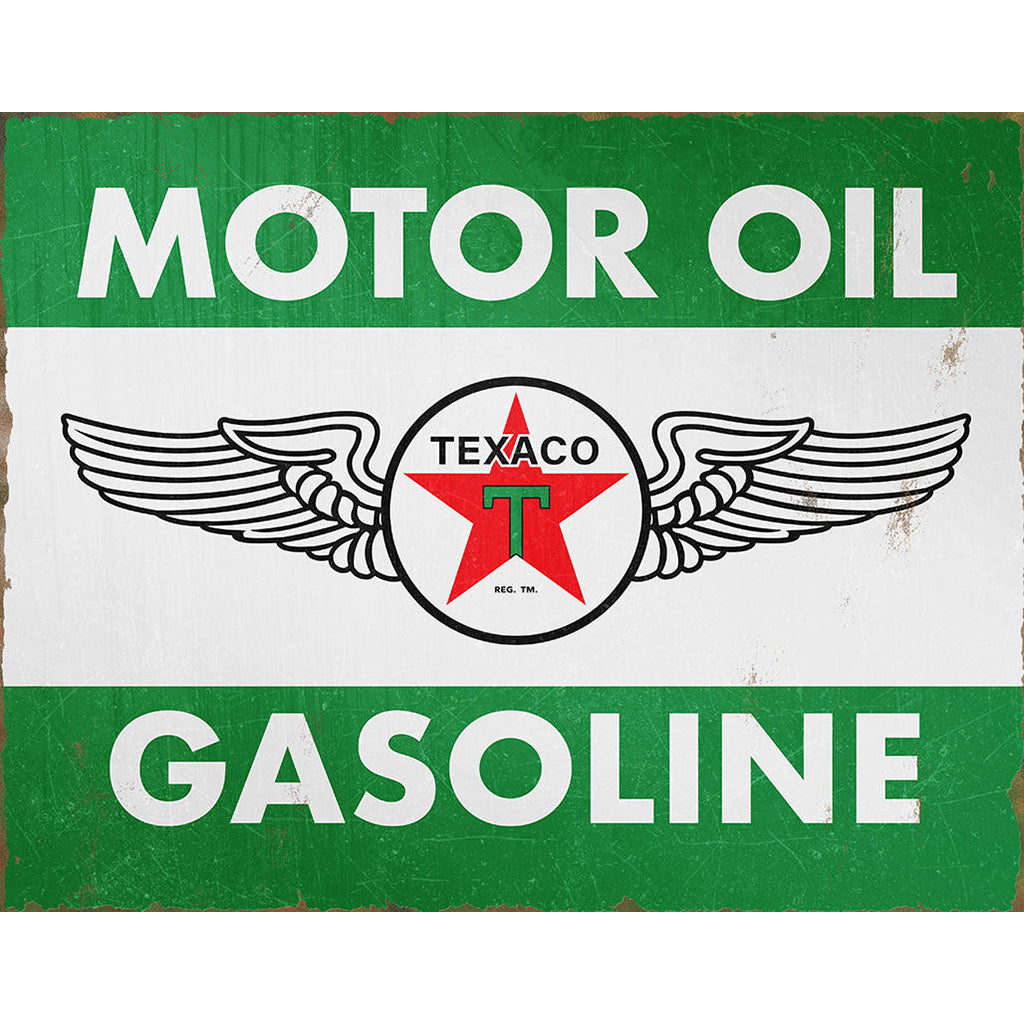 Vintage-style Texaco motor oil and gasoline sign with wings.