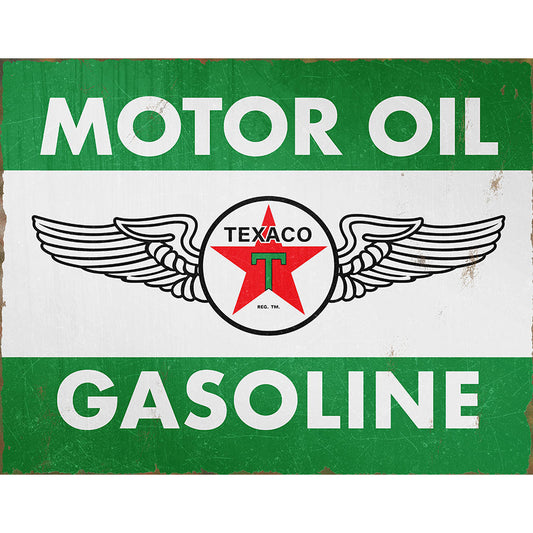 Vintage-style Texaco motor oil and gasoline sign with wings.