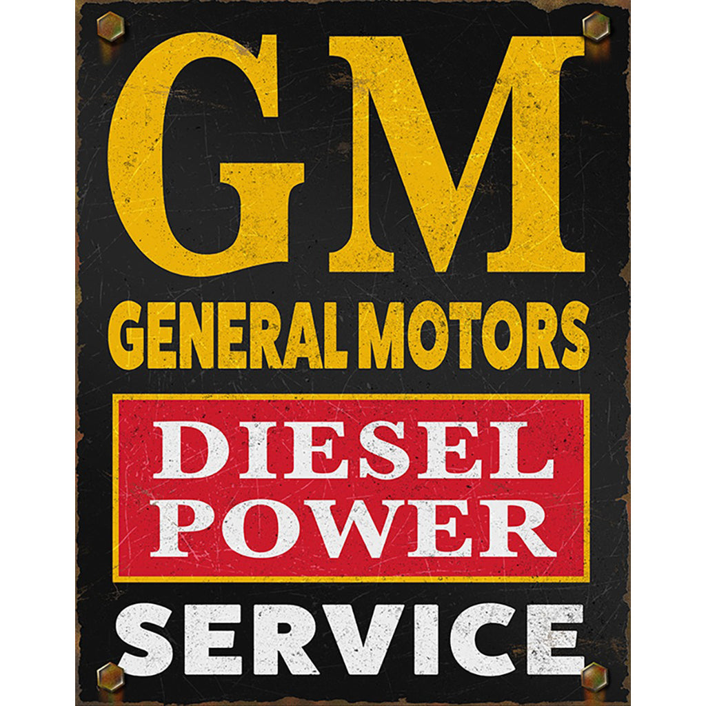 Vintage-style sign advertising General Motors diesel power service.