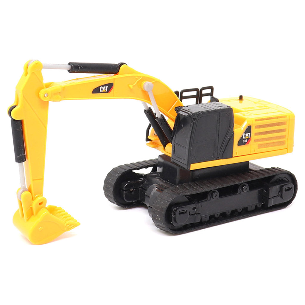 A yellow and black CAT remote controlled toy excavator with a detailed bucket and tracks, photographed on a clean white background.