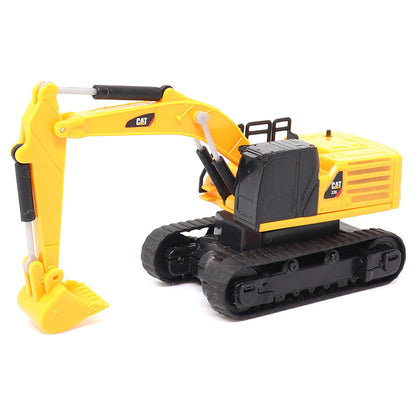 A yellow and black CAT remote controlled toy excavator with a detailed bucket and tracks, photographed on a clean white background.